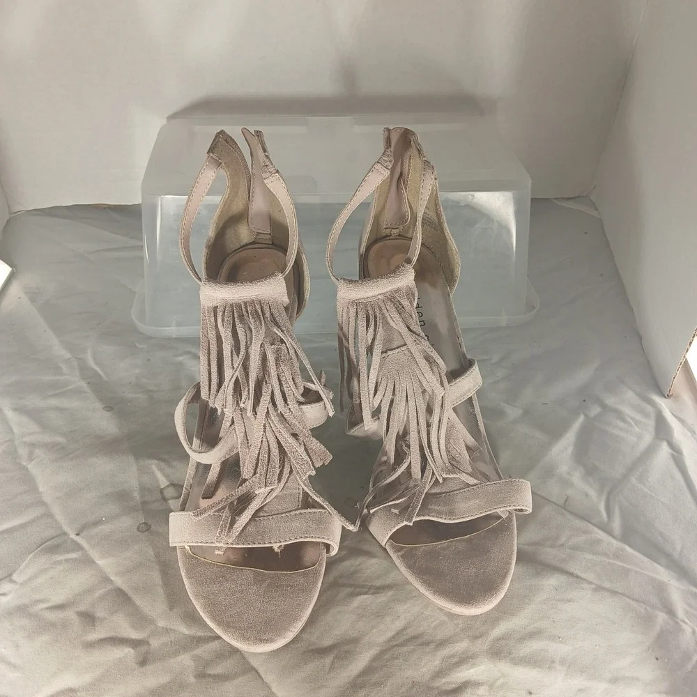 Madden Girl Demmi‎ Sandal 8.5 Taupe Fringe Stiletto Boho Festival High Heel